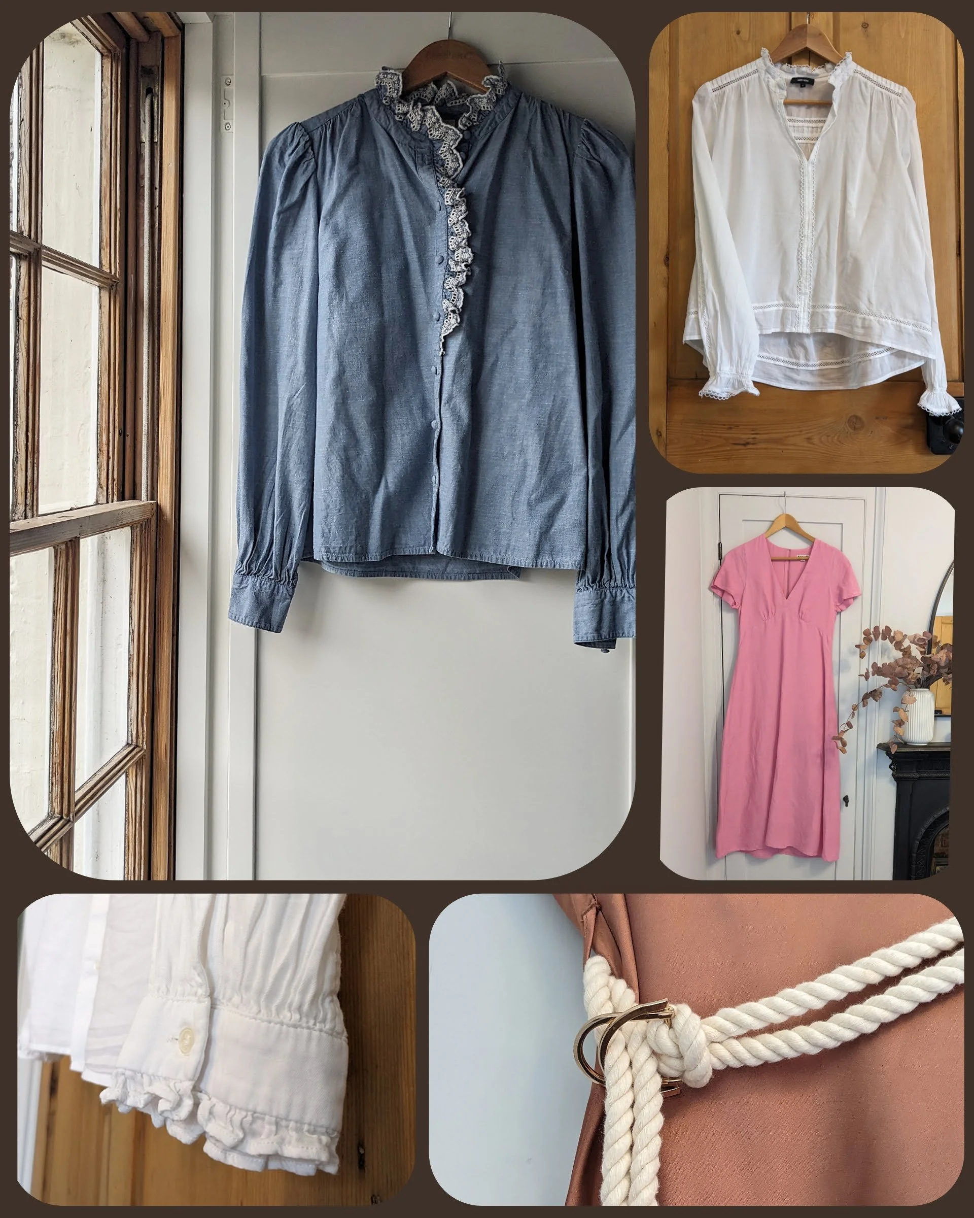 A collage of five clothing items including a blue button-up blouse with lace details, a white embroidered blouse, a pink dress with puff sleeves, a close-up of a white sleeve with ruffled cuffs, and a peach-colored bag with a white rope drawstring.