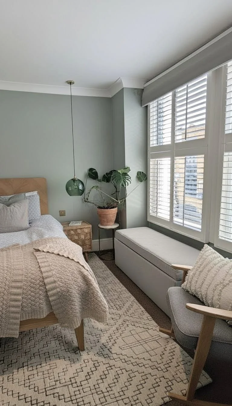 A cozy bedroom with a bed, a bedside table, a window seat, and a chair, decorated in neutral tones with a plant near the window.