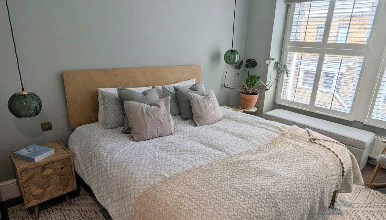 A cozy bedroom with a bed, pillows, and a textured cream-colored blanket. There are green hanging pendant lights on either side of the bed, a wooden bedside table with books, a potted plant on a stand, and a large window with blinds letting in daylig