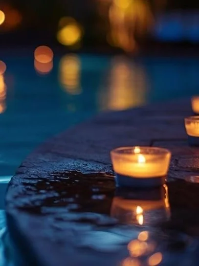 Bougies allumées placées sur le bord d'une piscine la nuit, avec des reflets de lumières flous en arrière-plan.