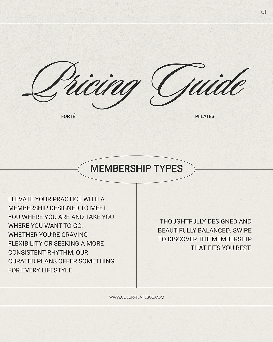 A Pilates pricing guide with elegant script font reading "Pricing Guide" at the top. The page is divided into two sections labeled "Membership Types". The left section describes different plans for flexibility and rhythm, the right emphasizes balance