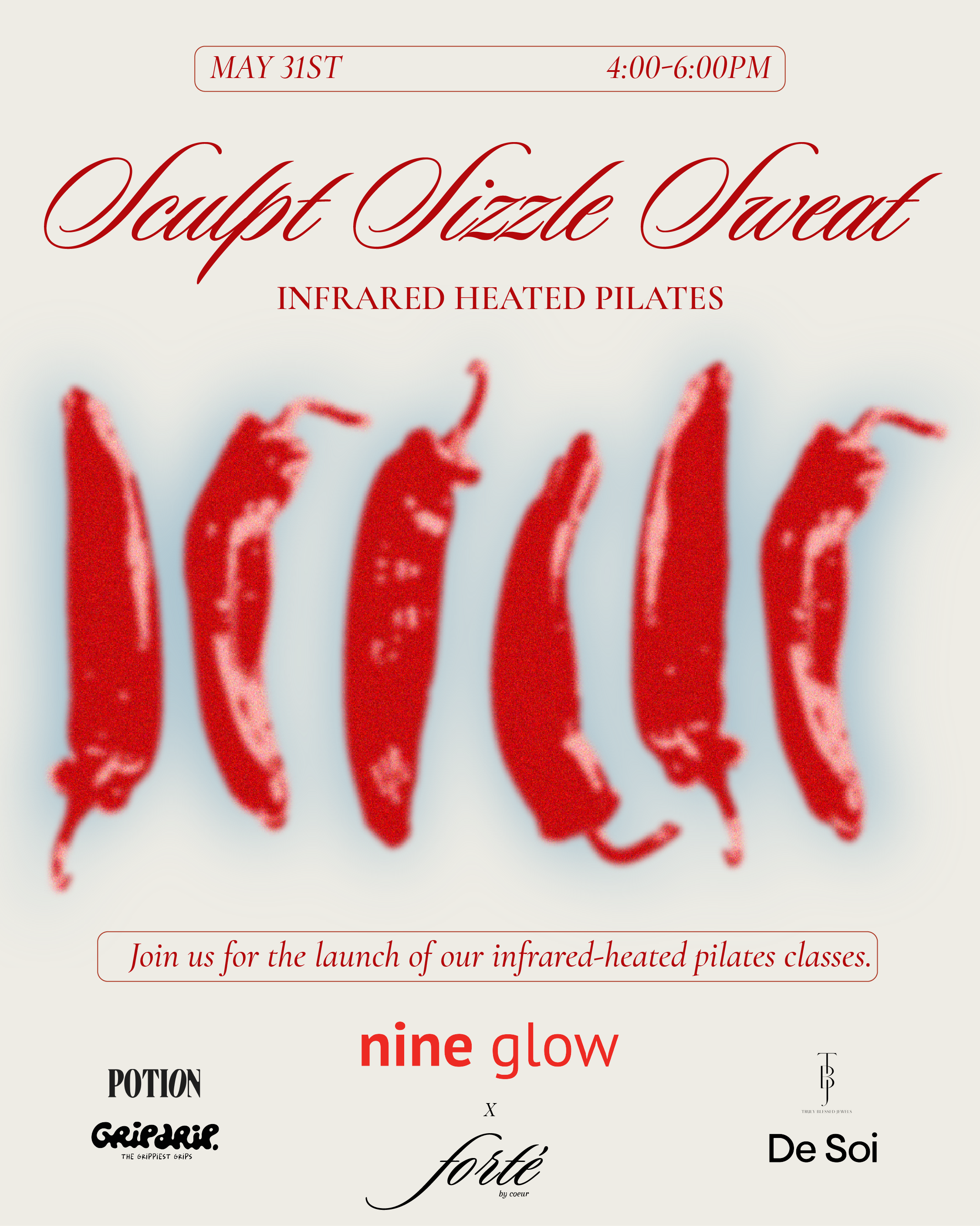Event poster for the Saarp Vizzle Sweat infrared heated Pilates class on May 31st from 4 to 6 PM, featuring a row of red chili peppers, with logos and text from Potoin, Geidaire, Forté, Nine Glow, and De Soi at the bottom.