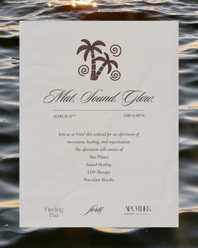 Invitation to a wellness event titled 'Mat. Sound. Glow.', scheduled for March 24th from 2:00 to 4:30 PM, featuring activities such as Mat Pilates, sound healing, LED therapy, and post-class matcha, with logos of Finding Peace, Forté, and VOTHEK at t