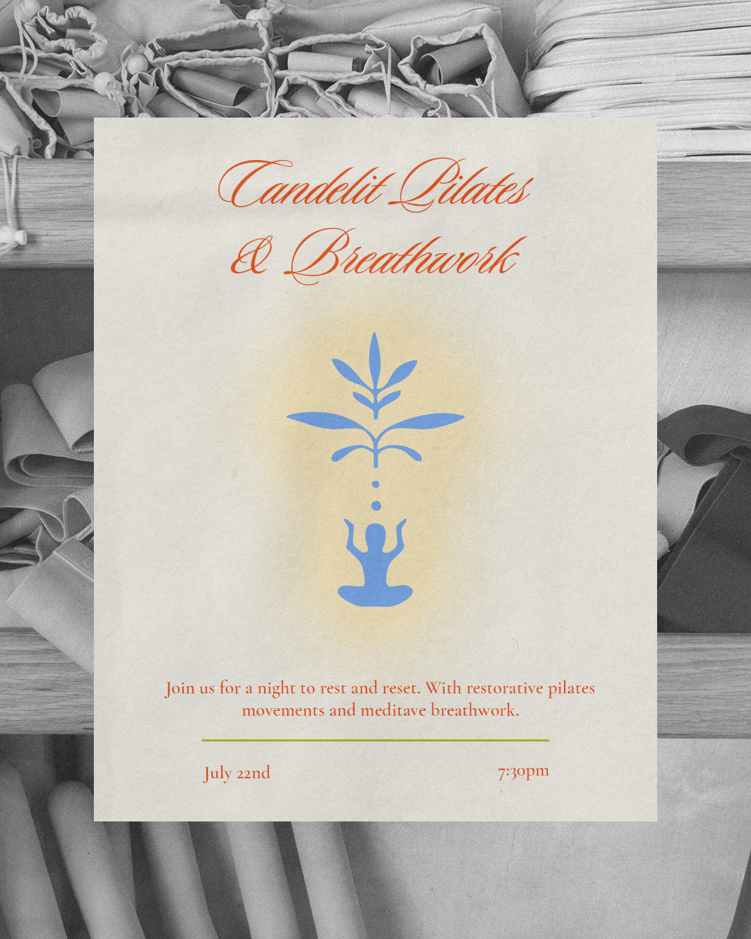 A flyer for Candelit Pilates and Breathwork event with a blue and beige lotus design, black and orange text, on a background of rolled yoga mats.
