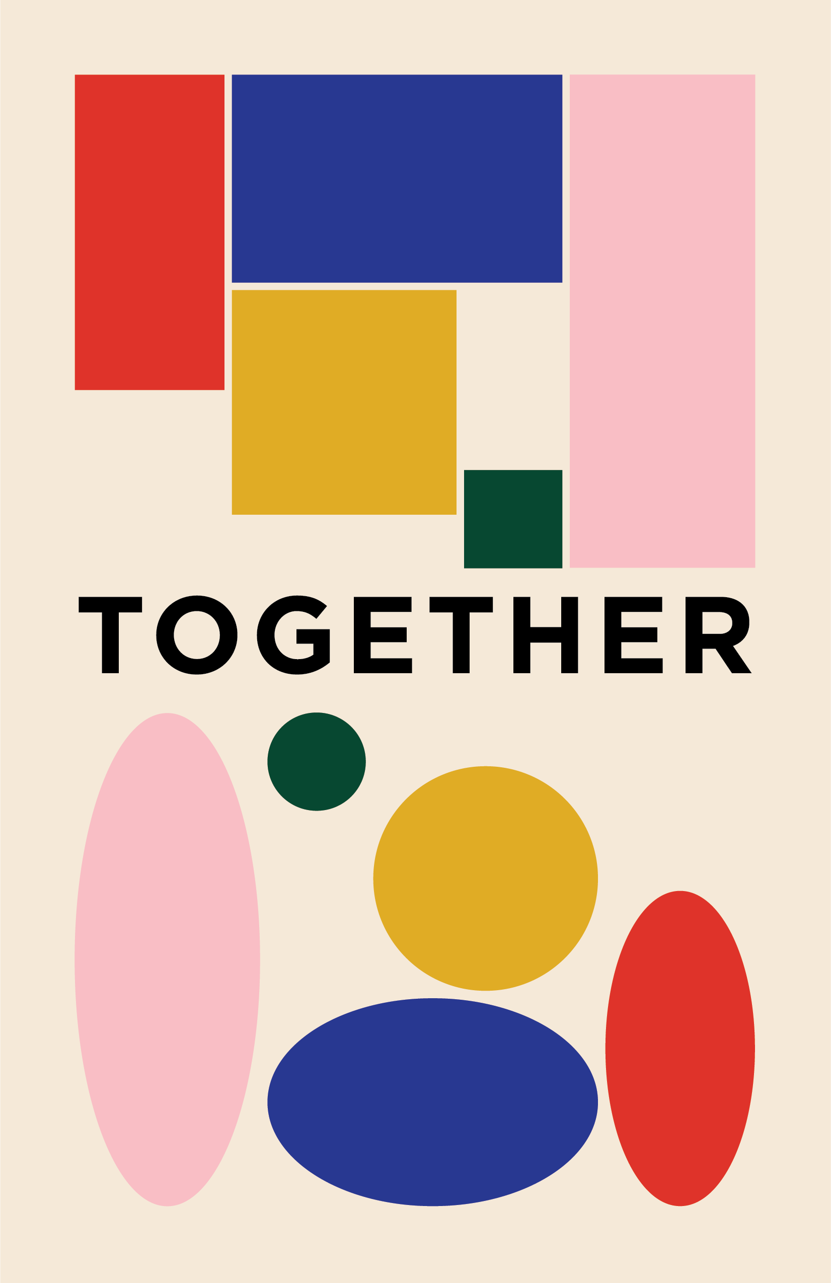 Colorful abstract shapes with the word 'TOGETHER' in bold black letters in the center.