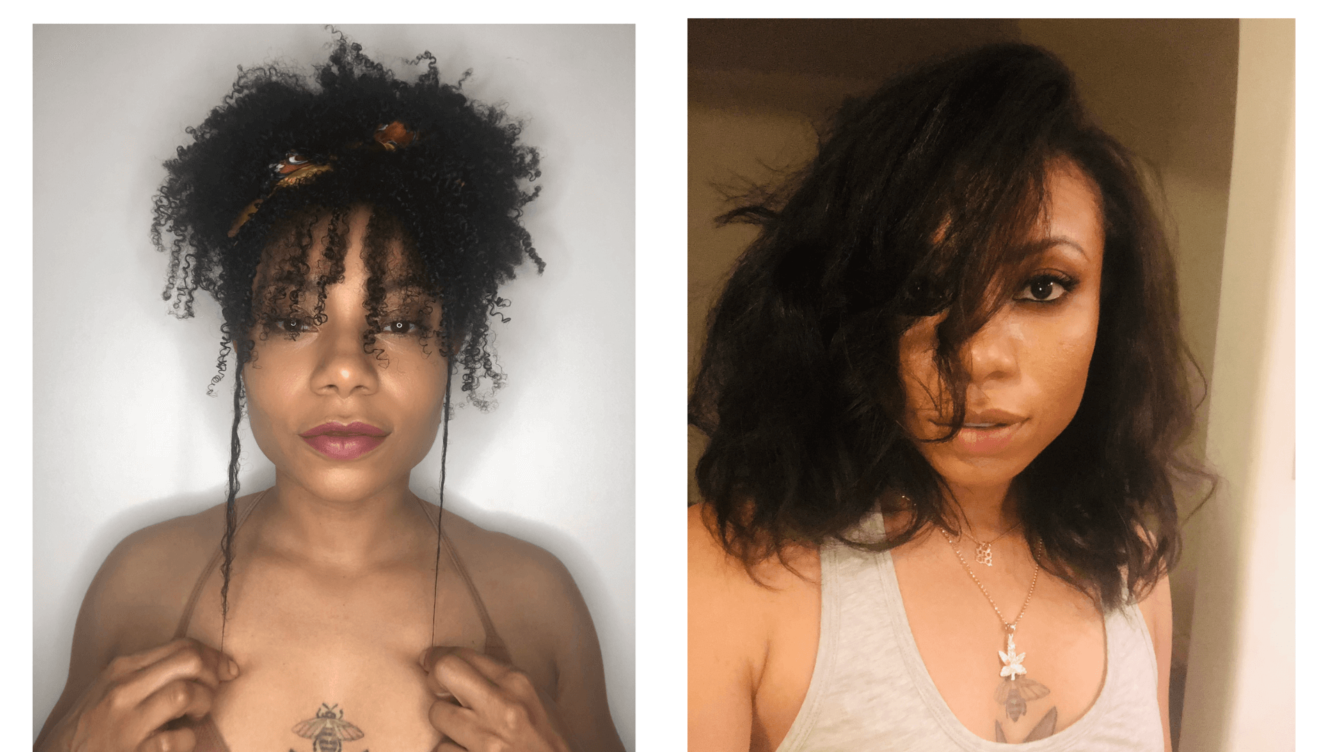Natural curls and Flat ironed hair side by side