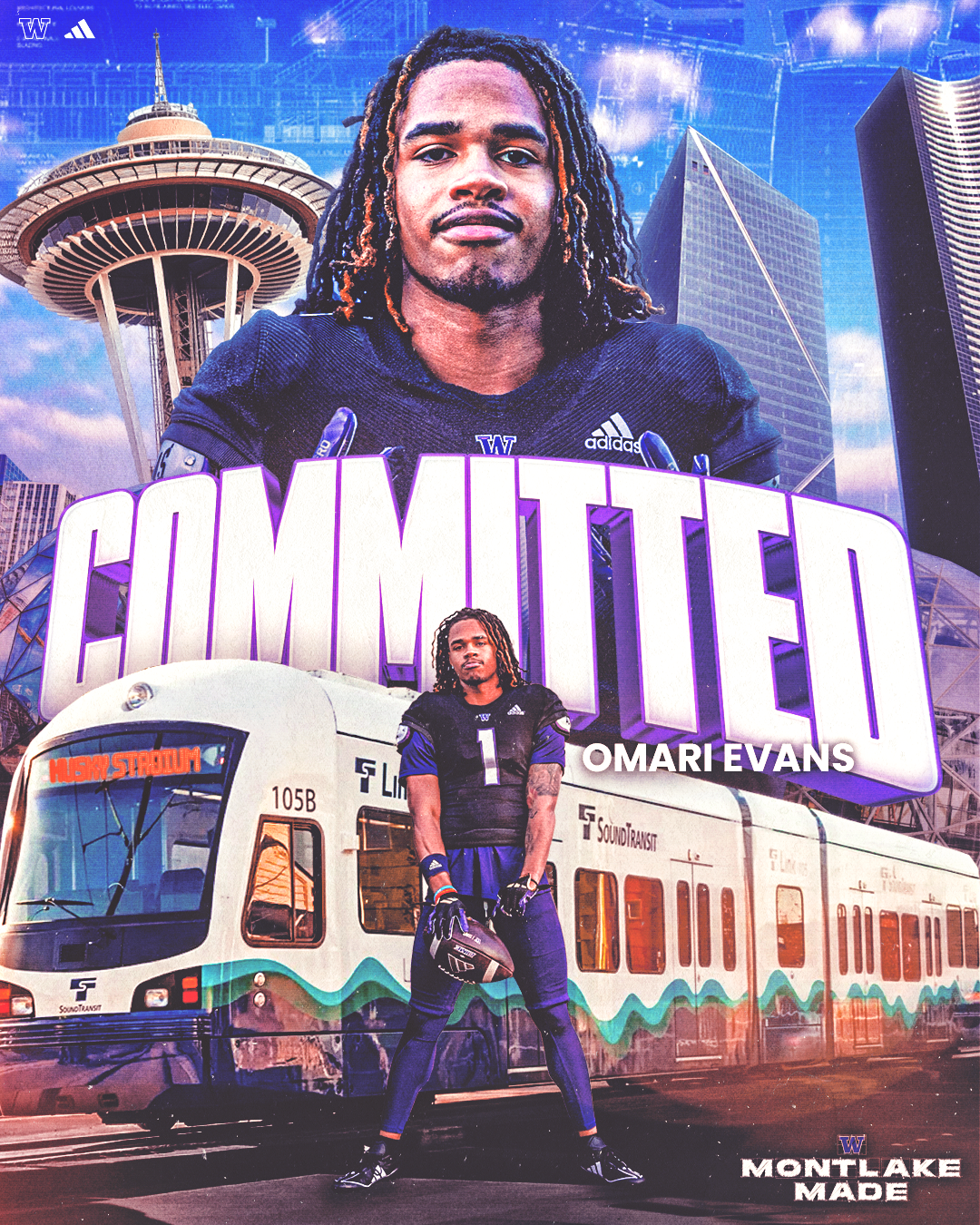Digital poster featuring football player Omari Evans in football gear, with Seattle landmarks including the Space Needle, a futuristic cityscape, a metro train, and the words 'Committed' and 'Omari Evans'.