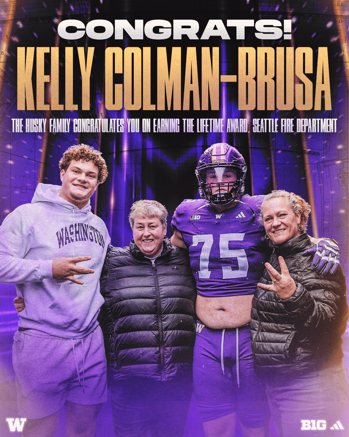 Celebration photo of Kelly Colman-Brusa with family members, one in a football uniform, in front of a digitally themed background with congratulatory messages from Seattle Fire Department.