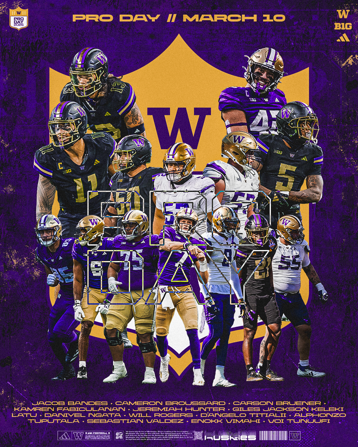 Promotional poster for Washington Huskies football team featuring players in purple and gold uniforms, with a large purple W logo and the date March 10, 2023, during Pro Day, set against a purple background.