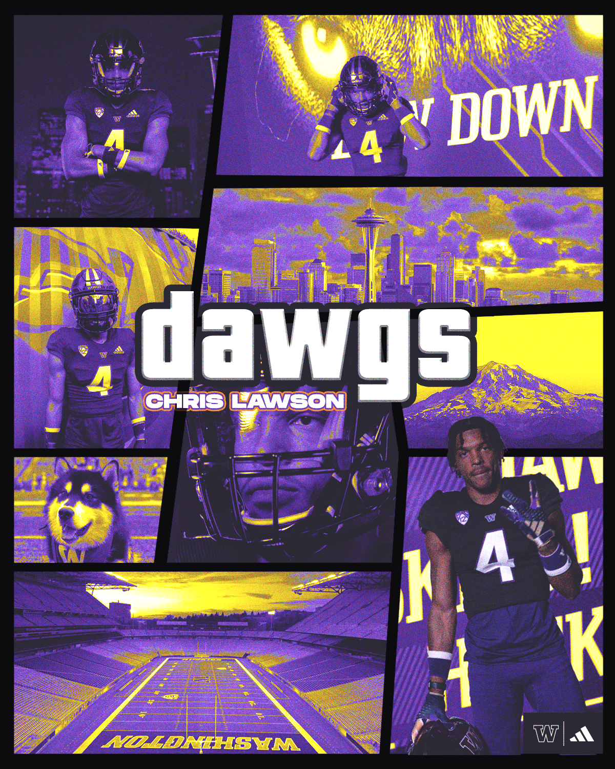 Collage of football player Chris Lawson in Washington Huskies uniform, team stadium, Seattle skyline, Mount Rainier, dog, and a large owl face in the background, with the text 'Dawgs'.