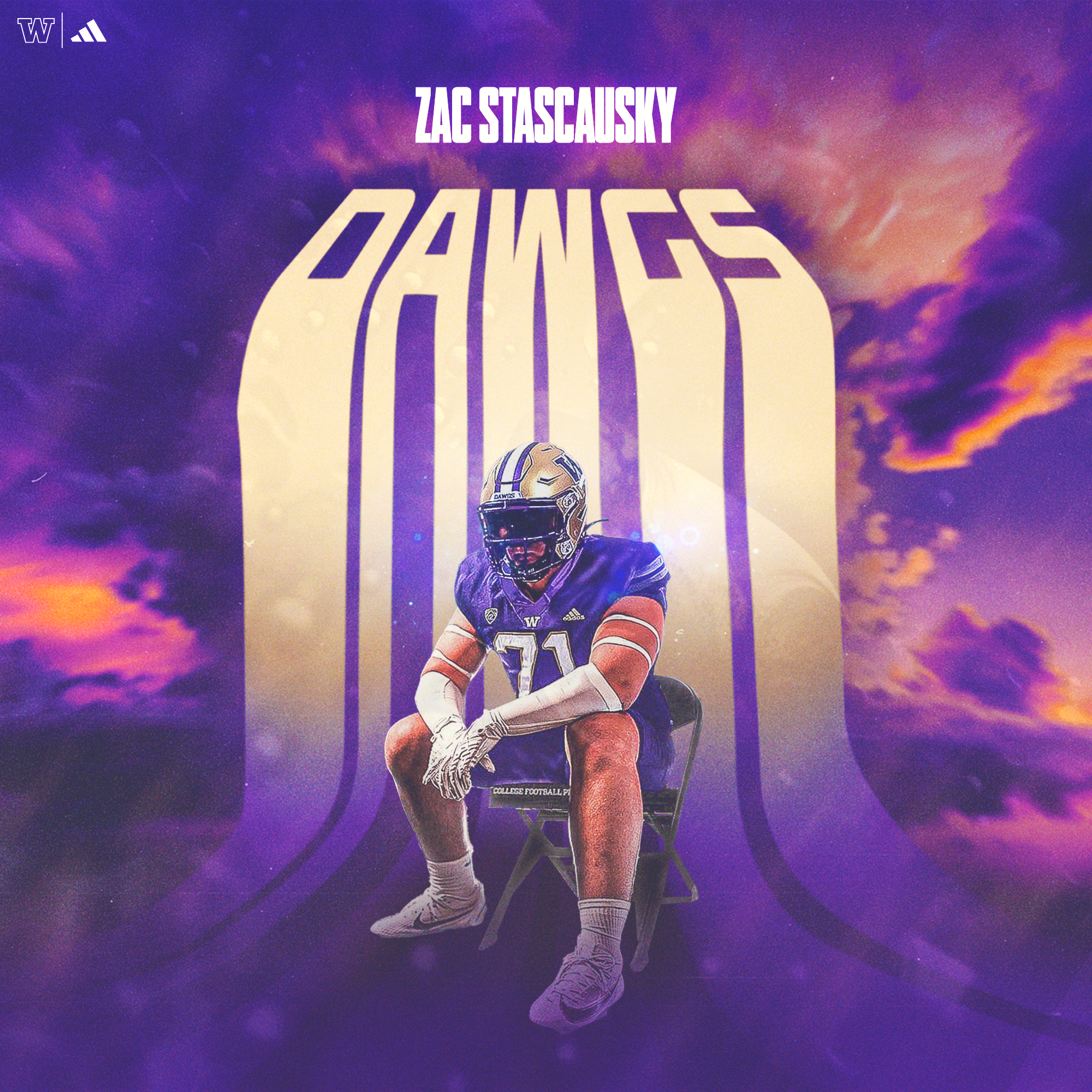 Digital artwork featuring a football player wearing a helmet and uniform, sitting on a chair, with a stylized background of purple and orange clouds, and large text reading 'ZAC STASCAUSKY' and 'DAWGS' in bold letters.