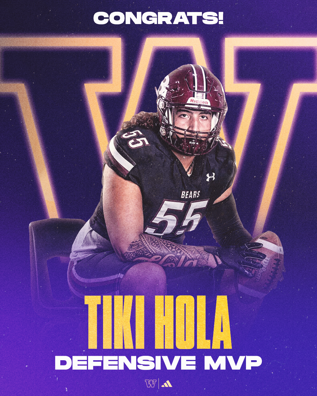 A football player in a black jersey with the number 55 and the team name Bears sits holding a football, wearing a maroon helmet. The background has large stylized purple and yellow letters spelling 'V' and a congratulatory message at the top. At the 
