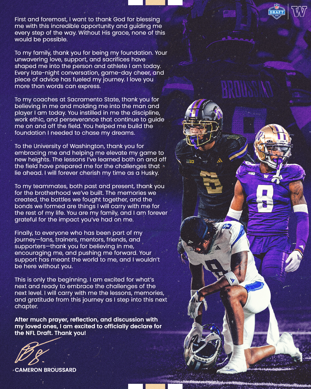 A letter from football player Cameron Broussard expressing gratitude and reflections, with a background image of three players from the University of Washington football team in their uniforms.