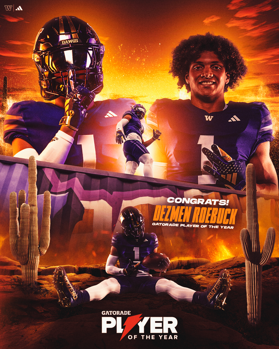 Celebration poster for Dezmen Roebuck as Gatorade Player of the Year featuring football players with sunset background, desert landscape with cacti, and Gatorade branding.