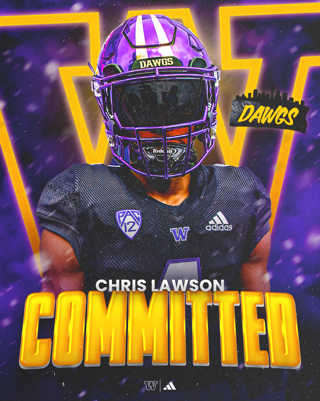 A digital illustration of a football player wearing a black Washington Huskies uniform with the number 4, a purple helmet labeled 'DAWGS,' and a black face mask. The background features a stylized city skyline, purple and yellow lightning, and the wo