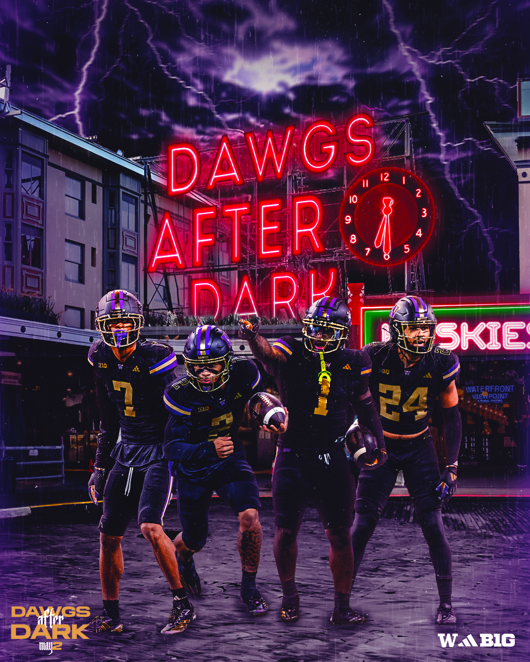 Four football players in black uniforms and helmets running on a wet street at night, with vibrant neon signs and lightning in the background. One player carries a football, and the neon sign reads 'DAWGS AFTER DARK'.