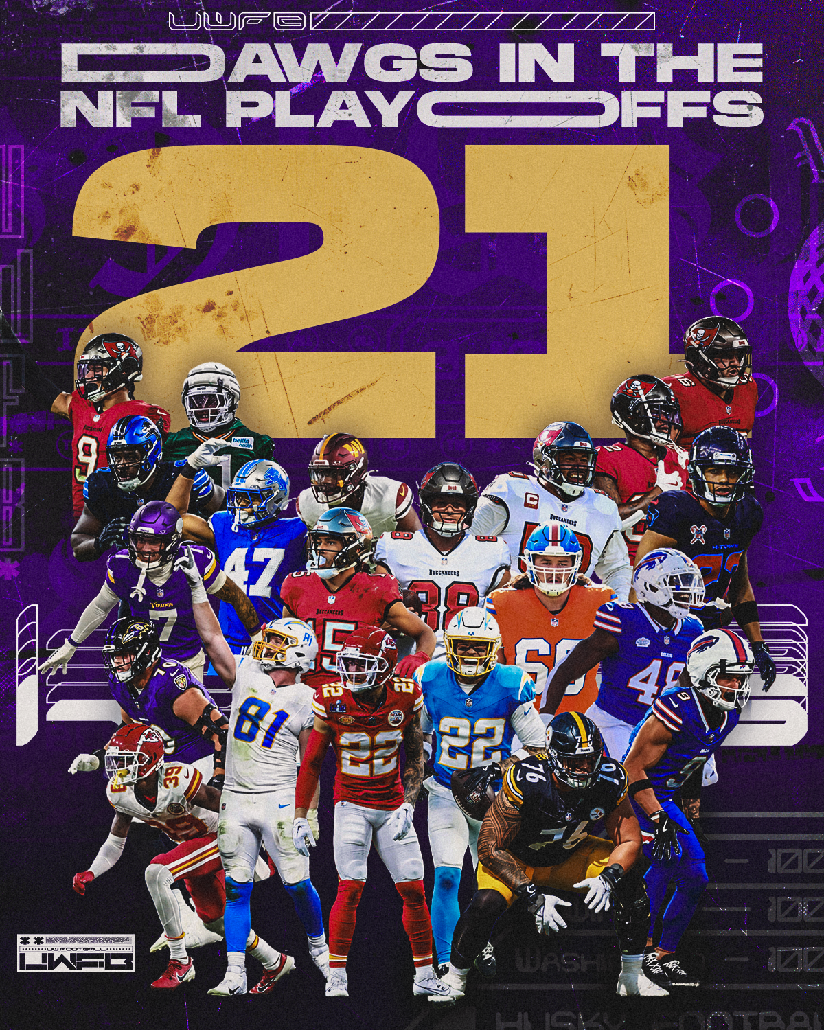 Collage of NFL players in different team uniforms, with bold purple and gold text "Dawgs in the NFL Playoffs" and a large number "21" in the background.
