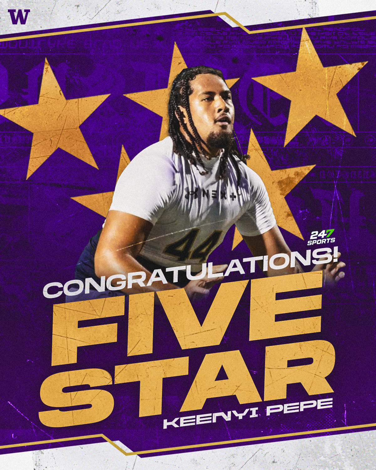 Celebratory graphic featuring athlete KeenYvi Pepe with text reading 'Congratulations! Five Star.' The background is purple with gold stars, and there is a logo for 24/7 Sports.