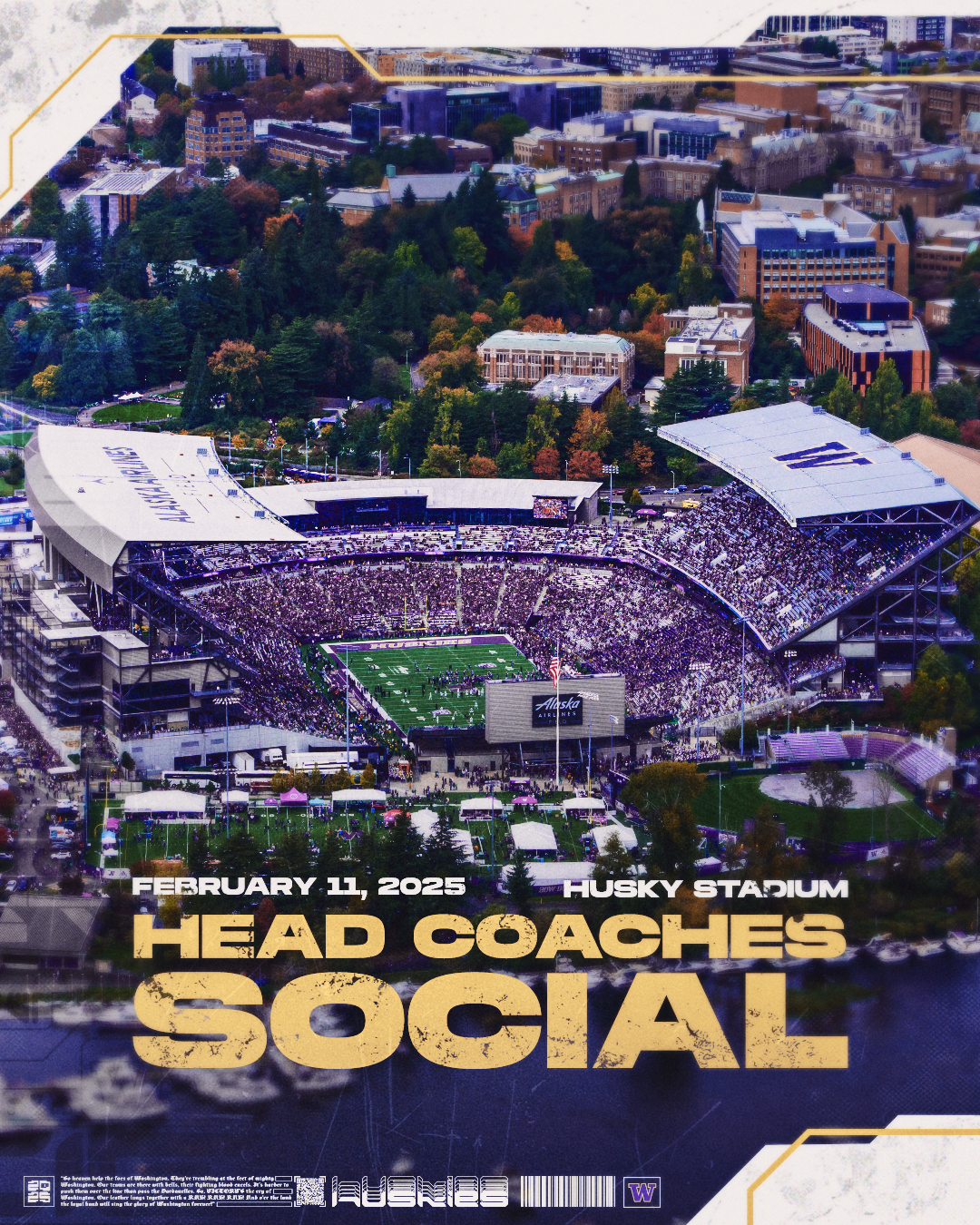 Aerial view of Huskies Stadium filled with spectators, with surrounding trees and city buildings in the background, promoting the Husky Coaches Social event on February 11, 2025.