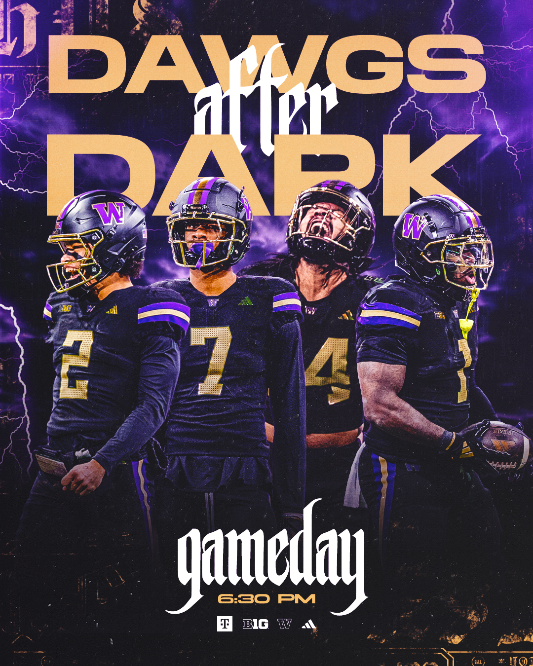 A promotional poster for a football game showing four football players in black uniforms with purple and gold accents, wearing helmets. The background features purple lightning and dark clouds, with large bold text saying 'Dawgs for Dark.' The game i