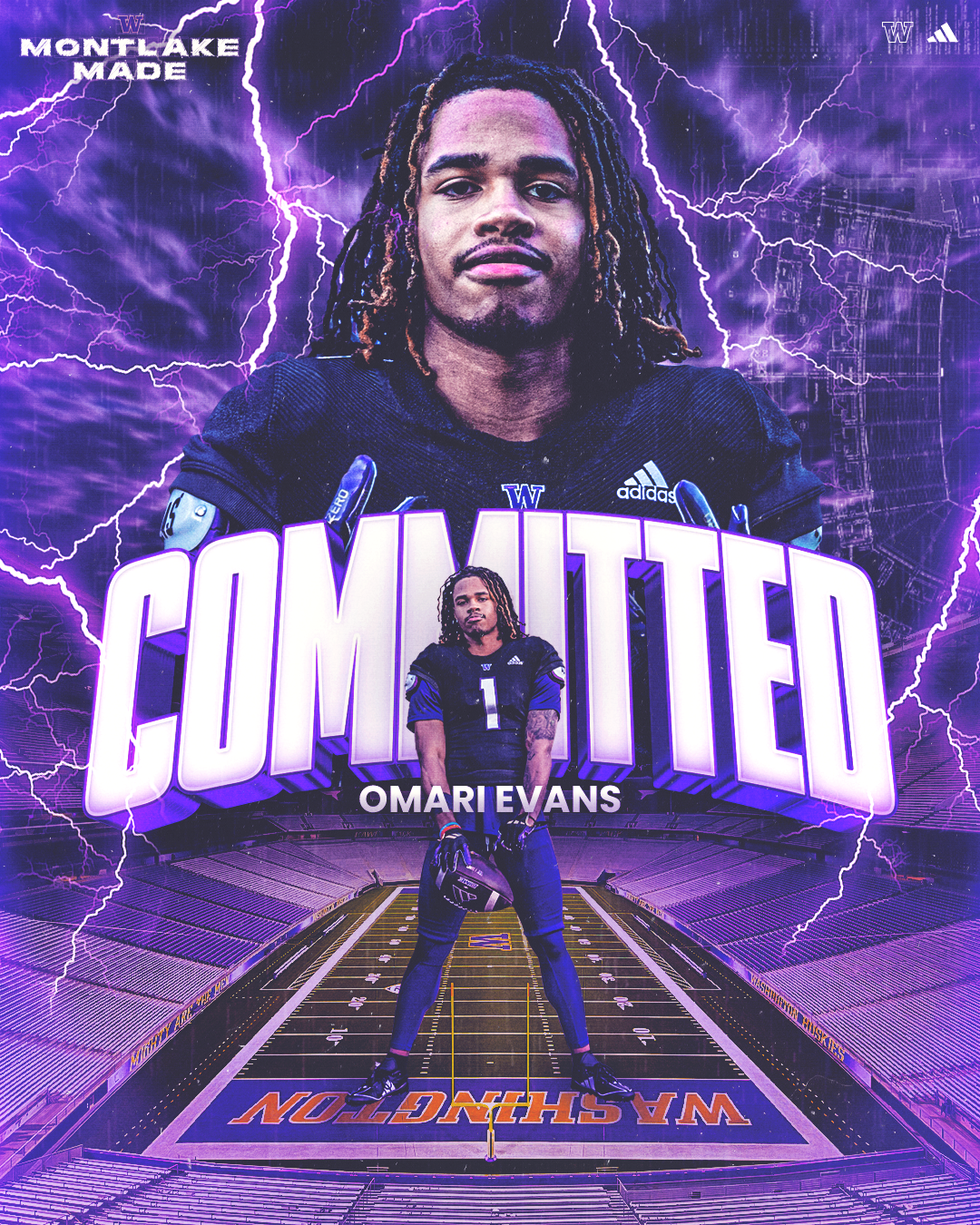 Graphic design of football player Omariv Evans in a stadium with a purple stormy background, lightning, and bold text announcing his commitment.