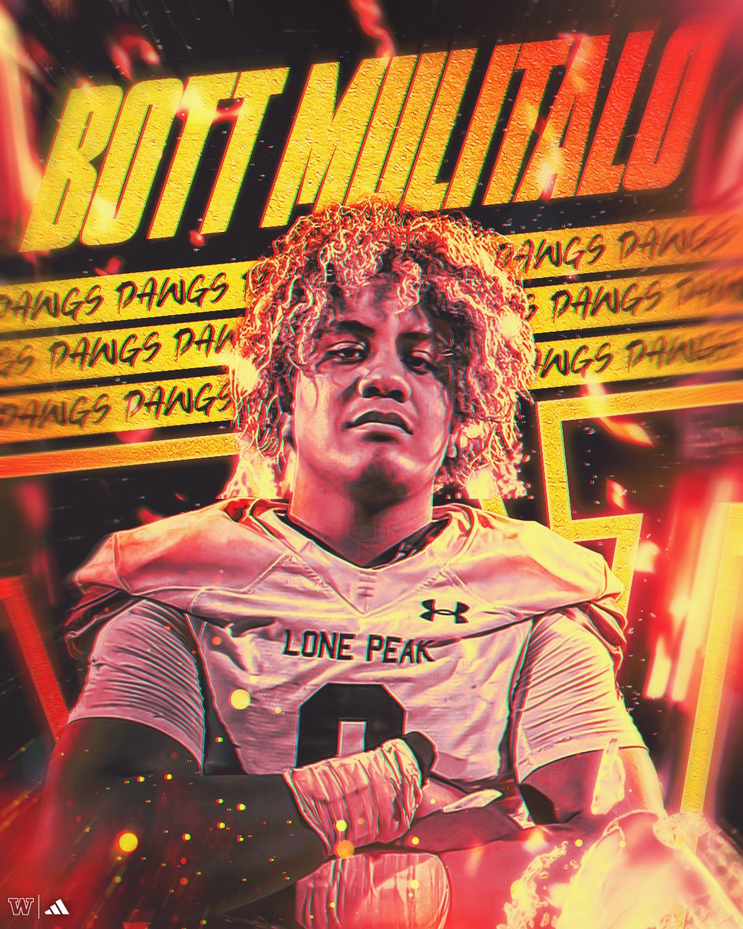 A football player with blonde curly hair in a white jersey with 'LONE PEAK' and number 0, standing with arms crossed, set against a fiery background with the phrase 'BUT I'M STILL HERE' and repeated 'DAWGS DANG' text.