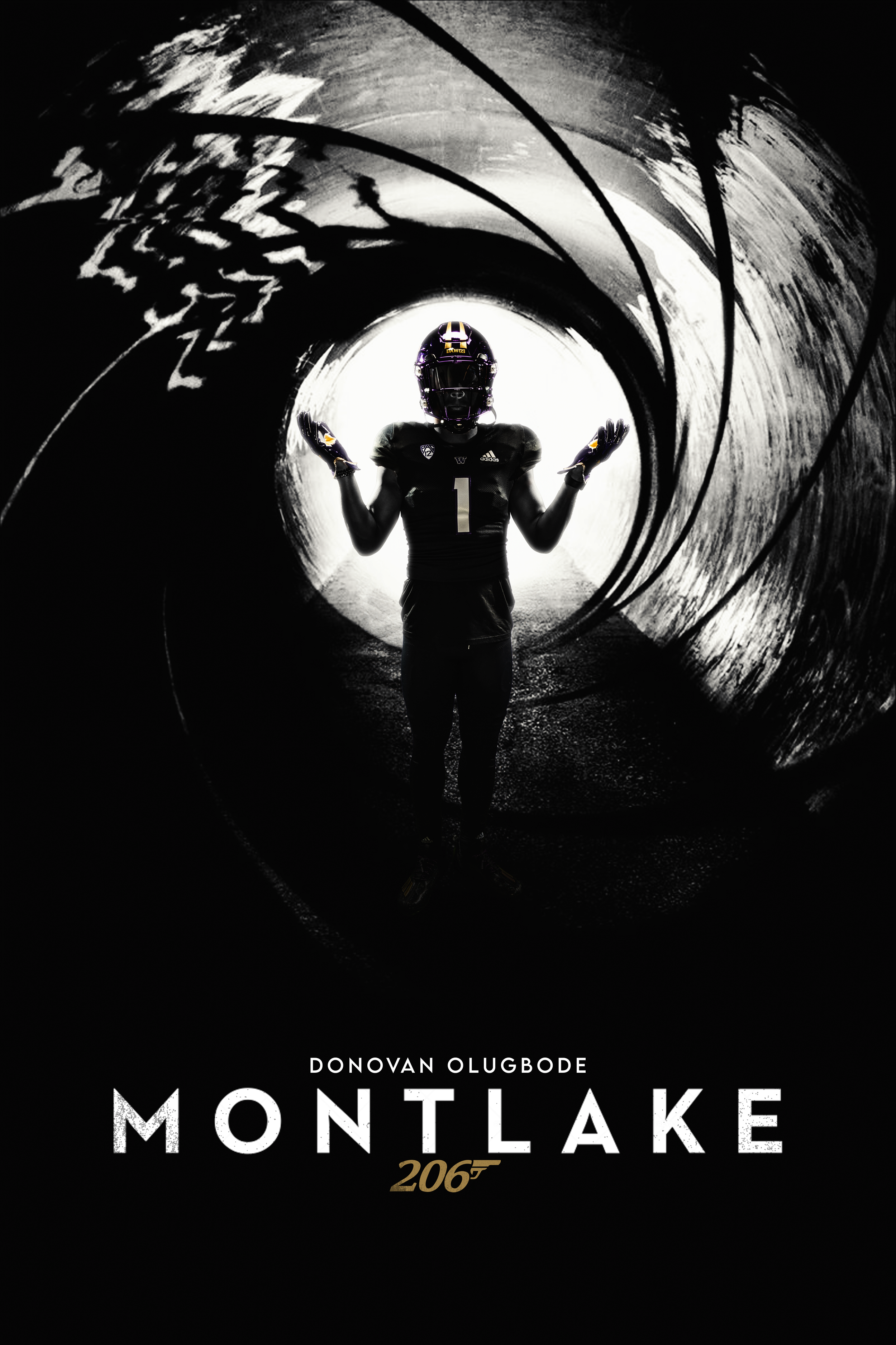 Silhouette of a football player wearing a helmet and jersey with number 1, standing in a tunnel with swirling black and white abstract patterns, with text reading 'Donovan Olugbode Montlake 206'.