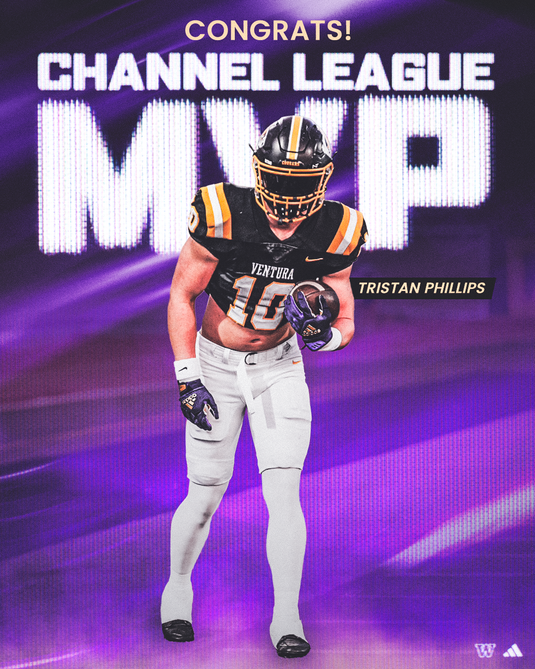 An athlete in football uniform holding a football on a purple LED-lit stage with the text 'Congrats! Channel League MVP' and the name 'Tristan Phillips' listed on the side.
