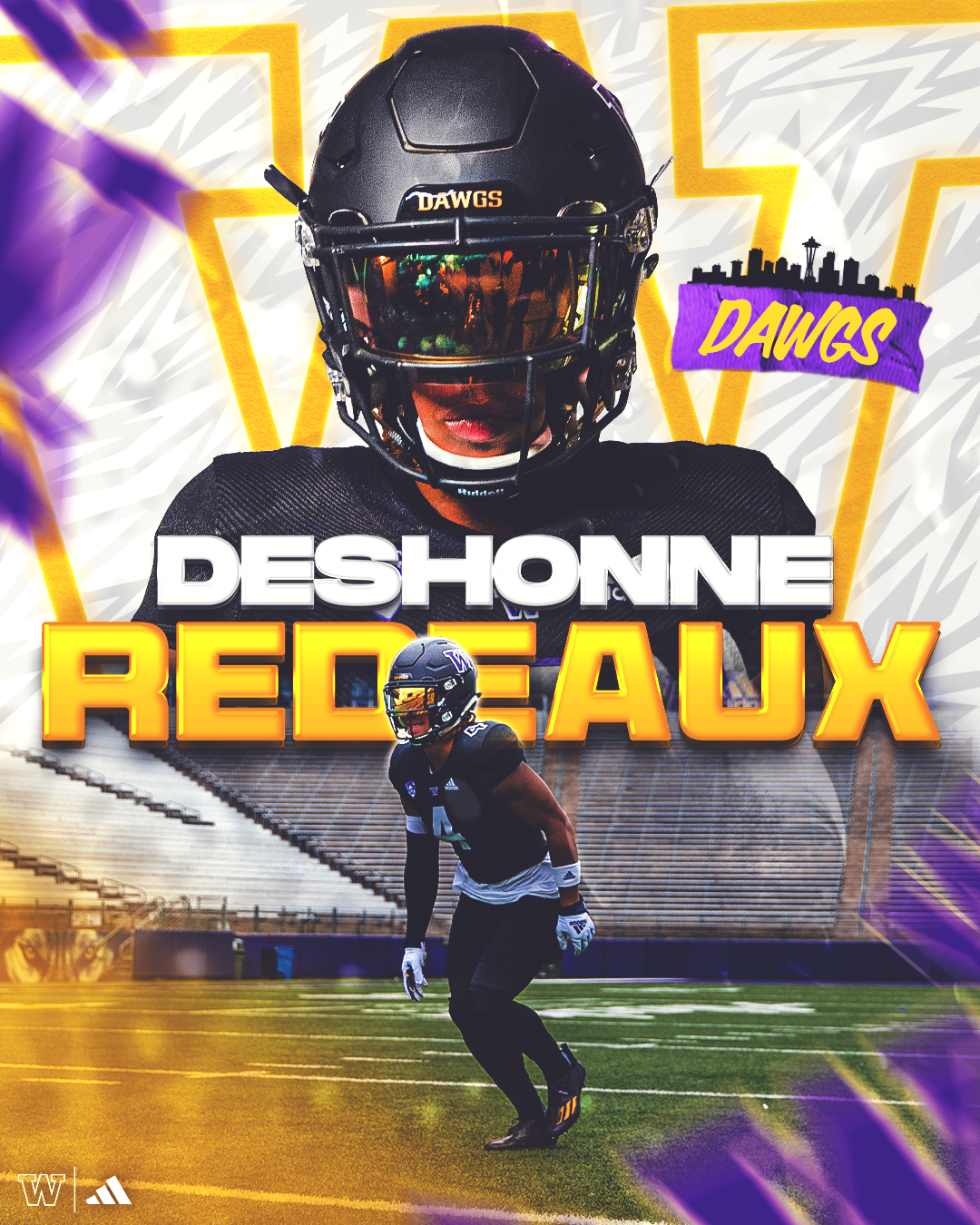 A football player wearing a black helmet and uniform on a football field with a stadium in the background, overlaid with bold text "DeShone Redaux" and smaller text "Dawgs". Geometric yellow and purple designs frame the image.