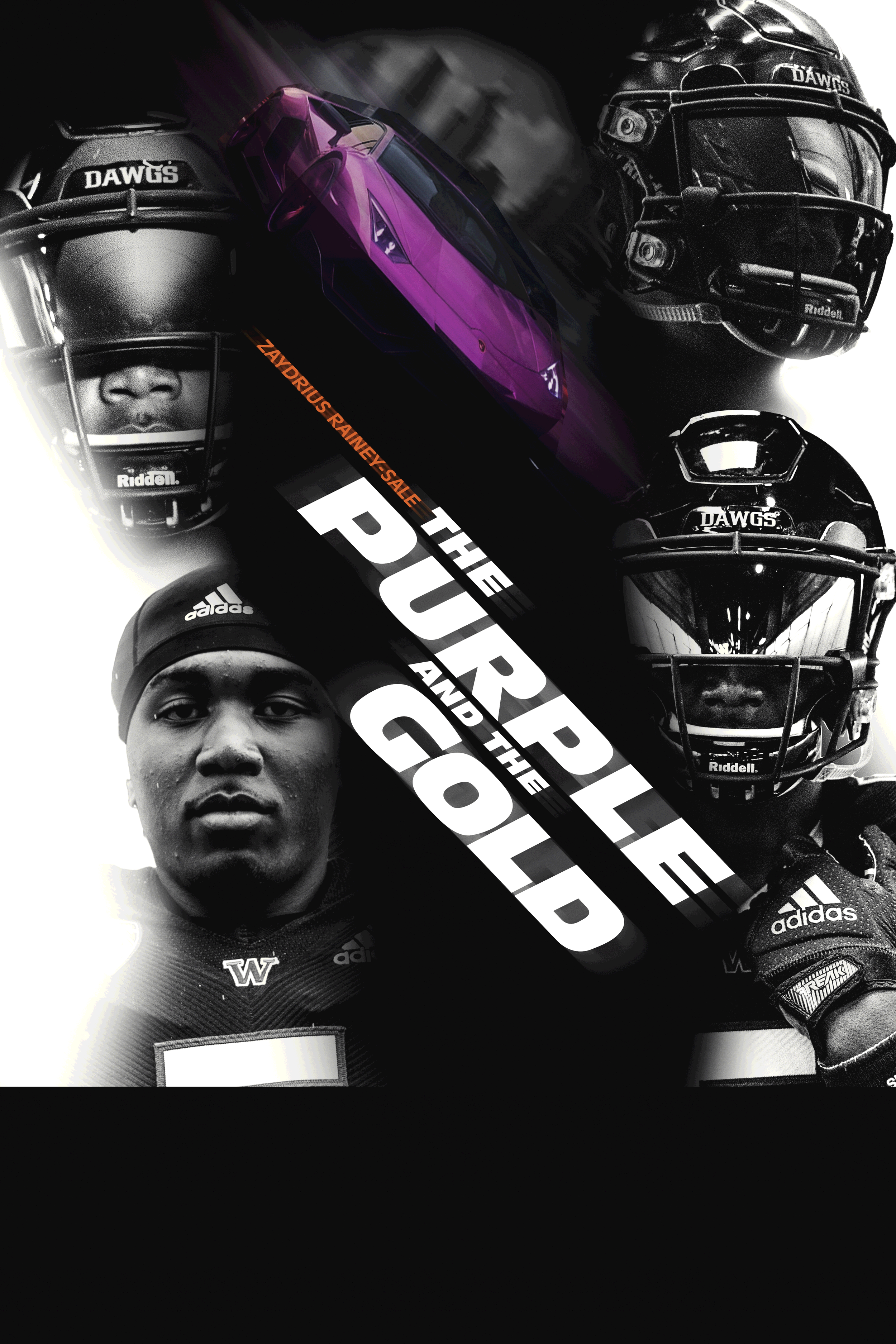 Black and white collage featuring football players in helmets, a purple sports car, and bold text that reads 'The Purge and the Cold.'