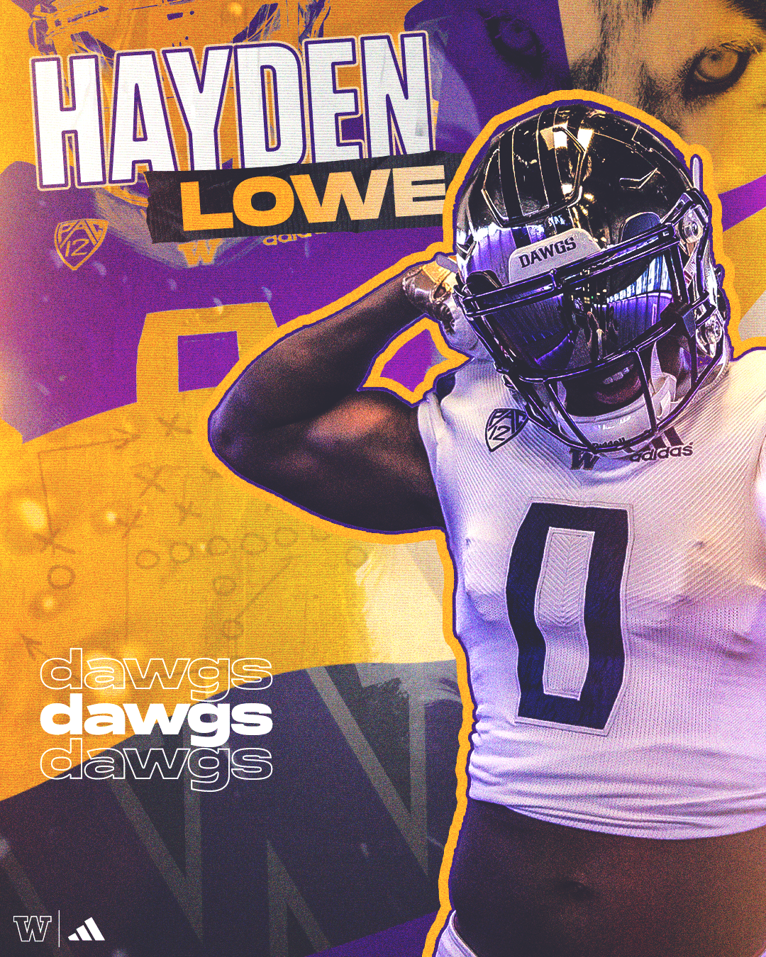 A football player wearing a Washington Huskies uniform, including a black helmet with purple accents, is saluting. The background features the name 'Hayden Lowe' in large letters, along with the Washington Huskies logo and the words 'dawgs' repeated 