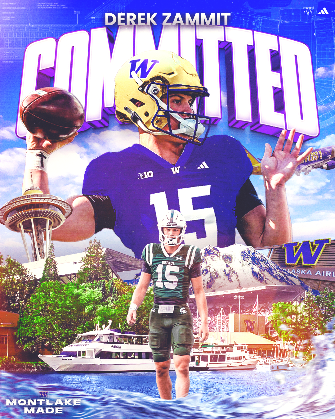 A collage featuring a football player in a purple jersey with the number 15, a smaller football player in a green uniform, the Space Needle, Mount Rainier, and boats on the water, with the Washington Huskies logo and the text 'Convicted' and 'Derek Z