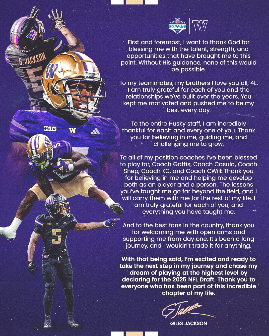 Giles Jackson, a college football player in a purple and gold uniform, is depicted in action holding a football. He is wearing a helmet with a W logo. There are multiple images of him in different poses, including one in a purple football jersey with