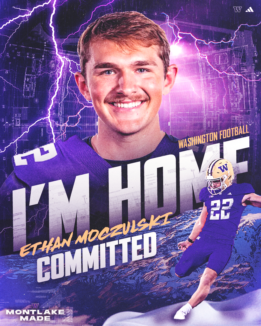 A digital collage featuring Ethan Moczulski in a Washington football uniform, with a large smiling portrait in the background, lightning, Mount Rainier mountain, and a football player in action, with text indicating his commitment.