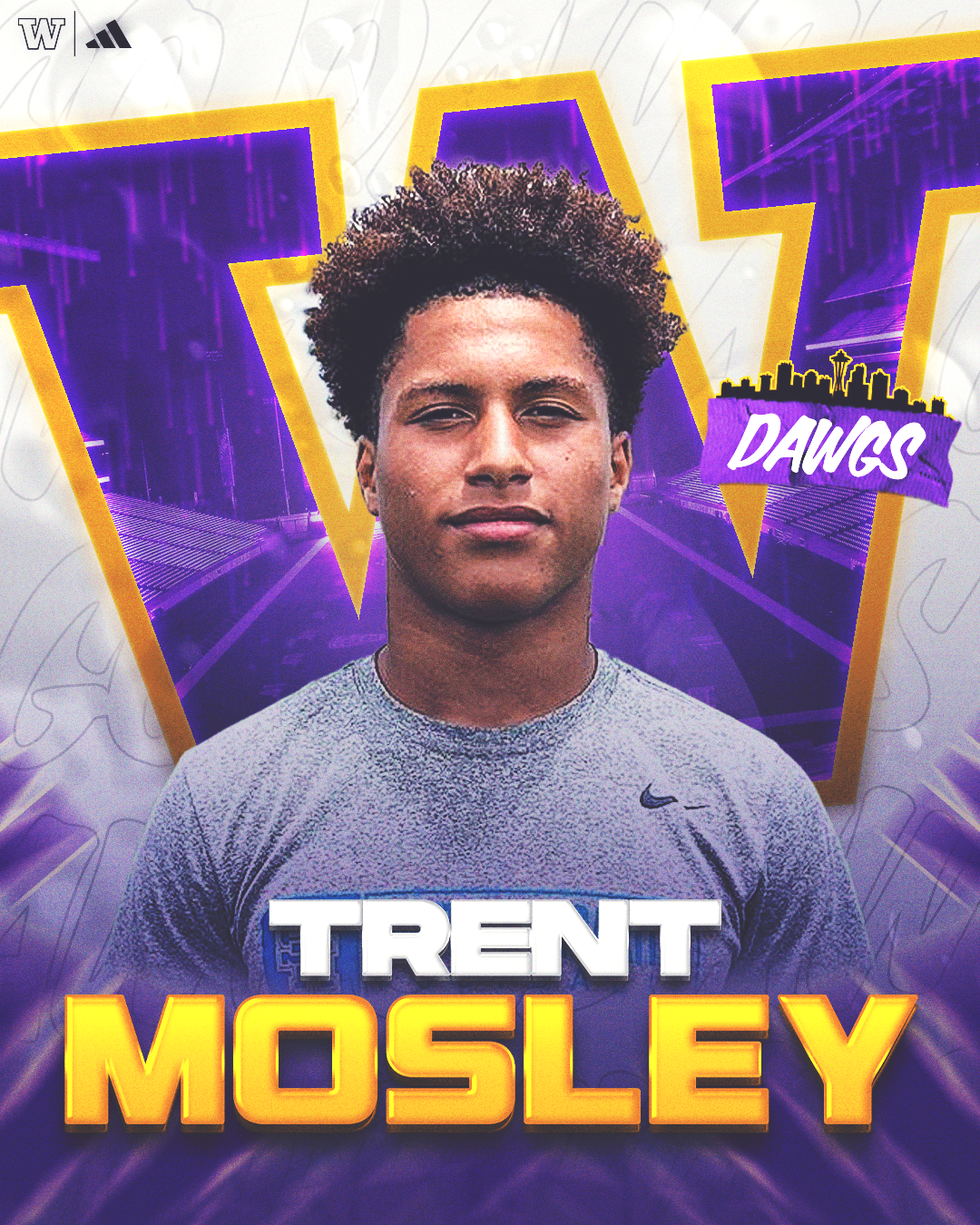 Promotional graphic featuring a young man in a gray Nike shirt with curly hair, with a purple and yellow urban-themed background. The text reads 'Trent Mosley' and includes a purple banner with the word 'Dawgs', indicating a sports team or school mas