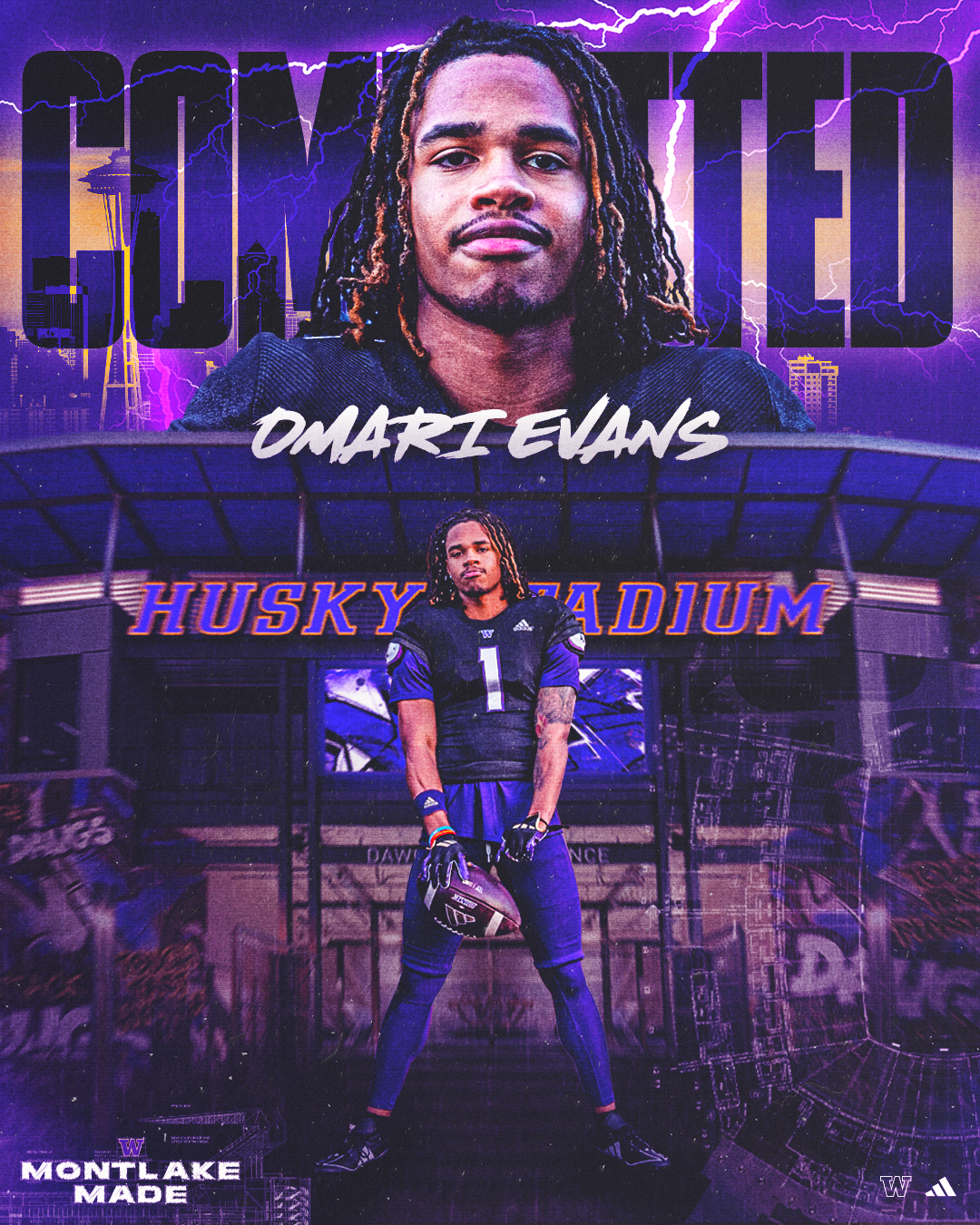 A promotional poster featuring Dmari Evans in a football uniform, standing outside Husky Stadium with a city skyline and lightning in the background. The poster has a purple and black color scheme with the words "LIVE HOUSED" at the top and "DMARI EV