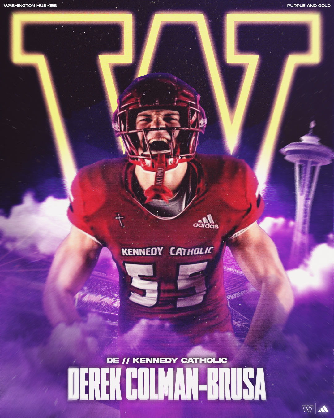 Fantasy football poster featuring Derek Colman-Brusa in a football uniform with a helmet, shouting with excitement, with the Seattle Space Needle in the background, and purple and gold neon effects.