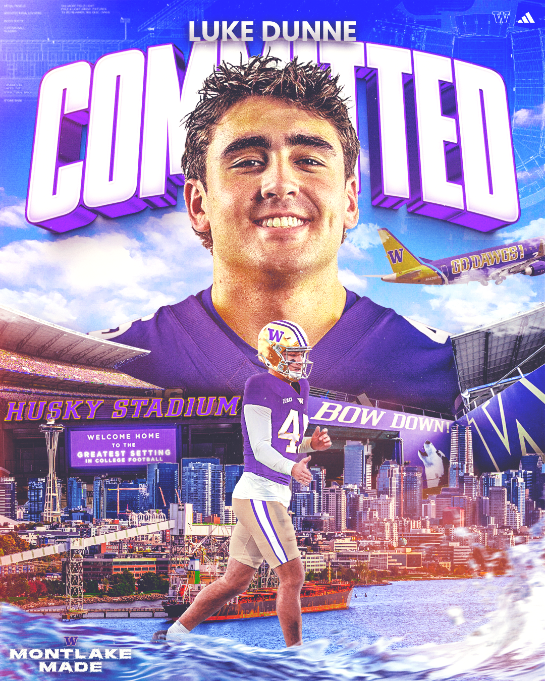 College football poster featuring Luke Dunne in a purple and white uniform, with the text 'Committed' at the top. The background shows Seattle's skyline and Space Needle, a Huskies stadium, and an airplane with the Washington Huskies logo flying in t