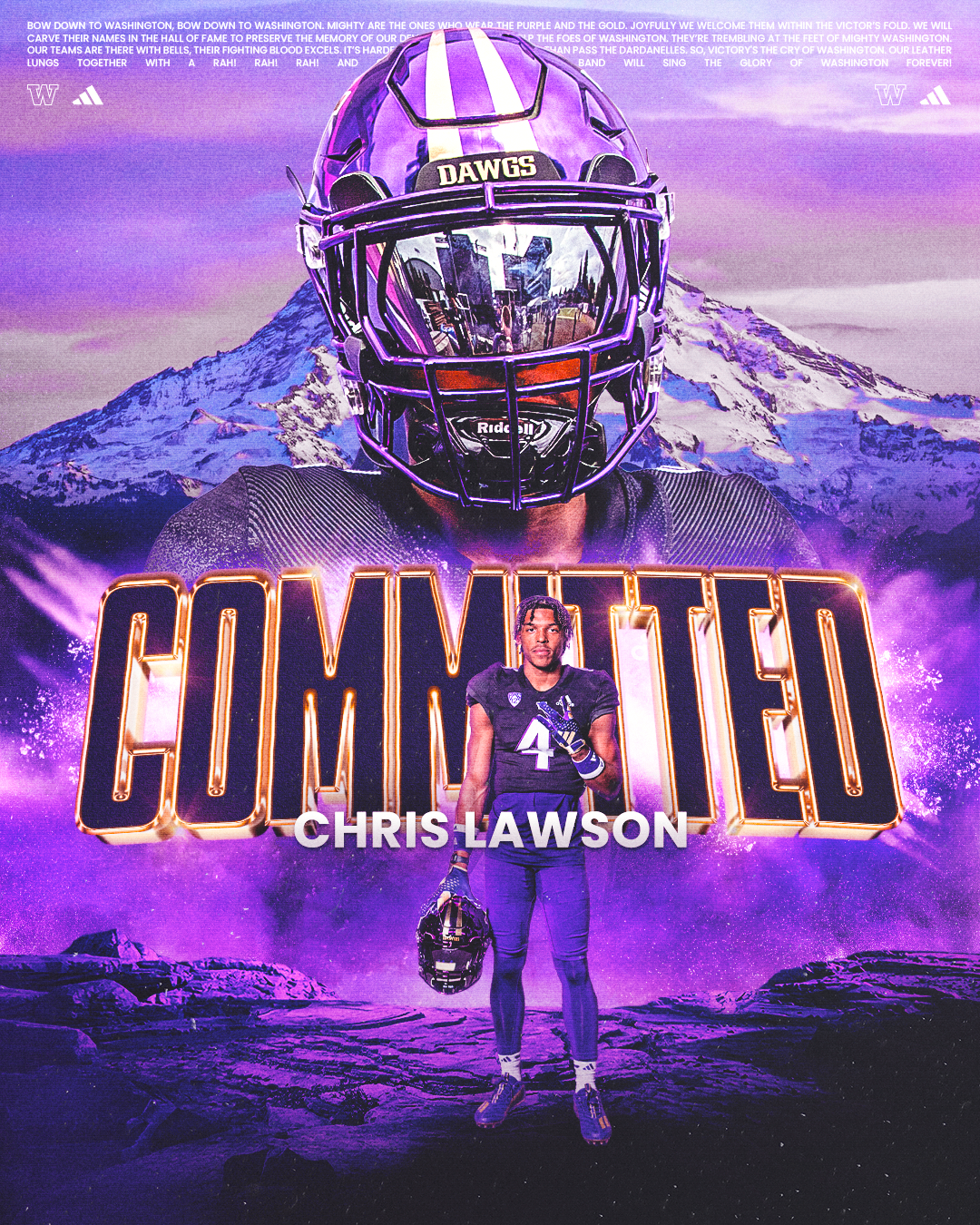 A graphic poster featuring a football player named Chris Lawson, with a mountain and purple sky background. The player is in uniform, holding a helmet, with large text that says "COMING SOON" and his name. A football helmet with the word "DAWGS" on i