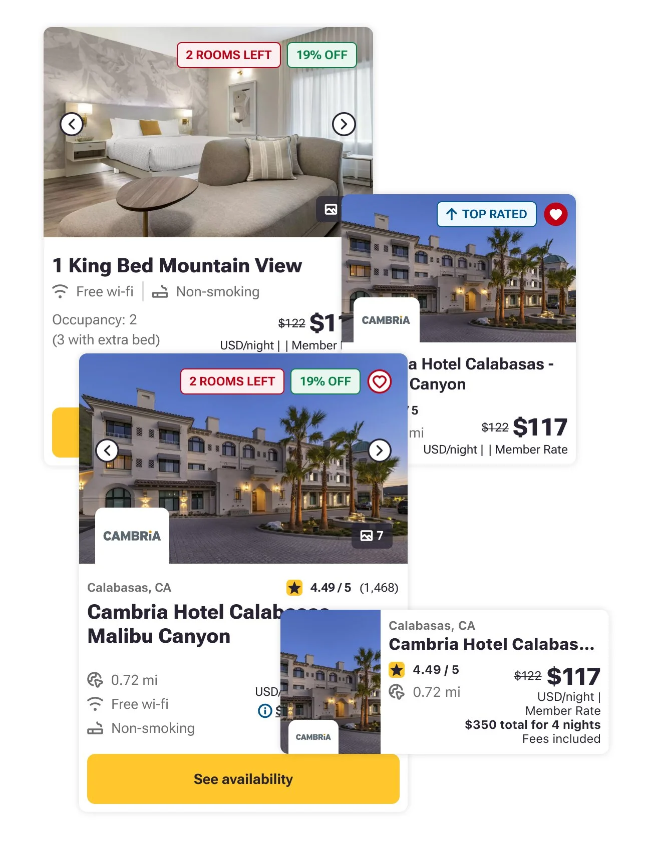 UI cards showing rooms and hotels
