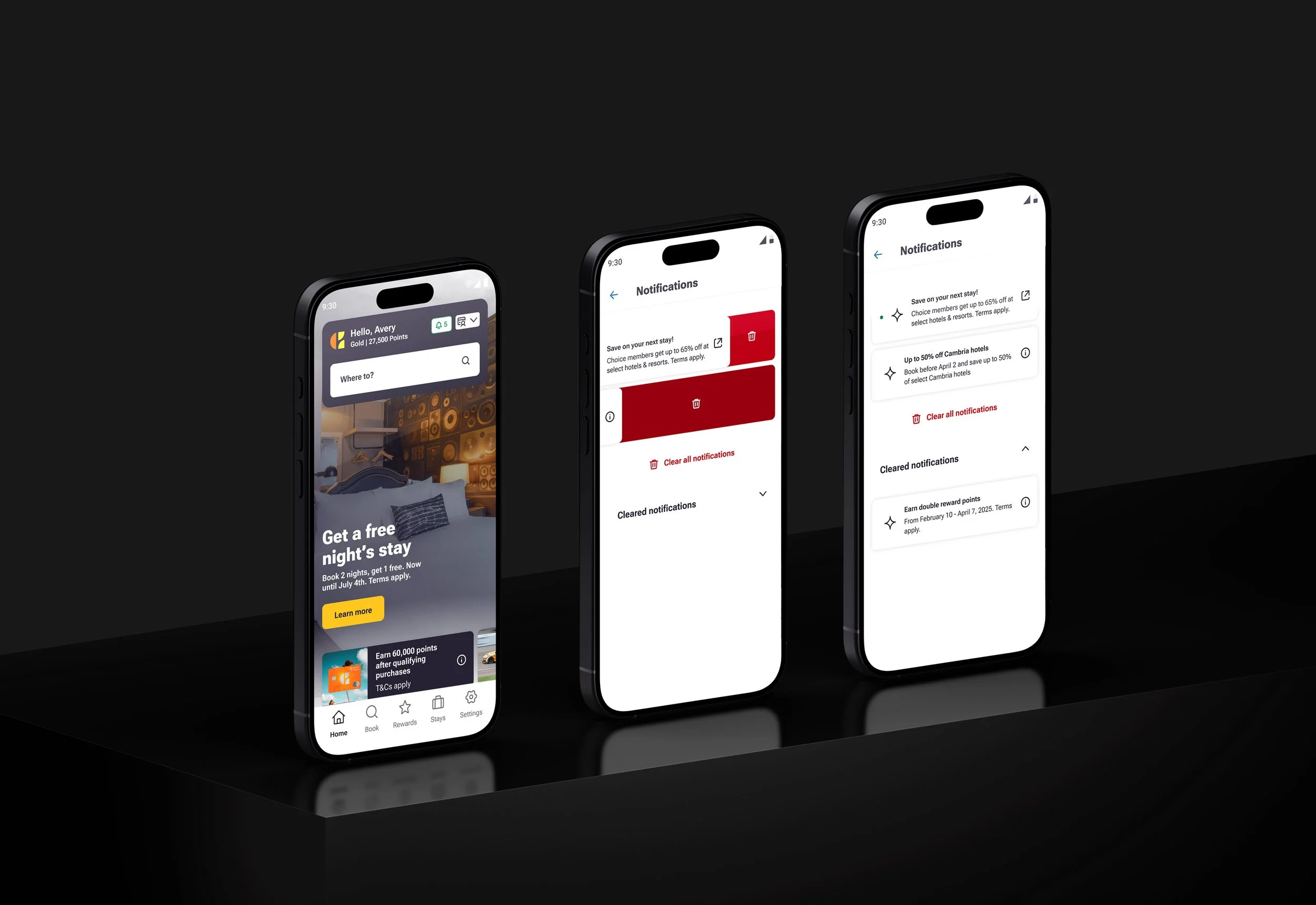 three phones lined up with screens showing notifications