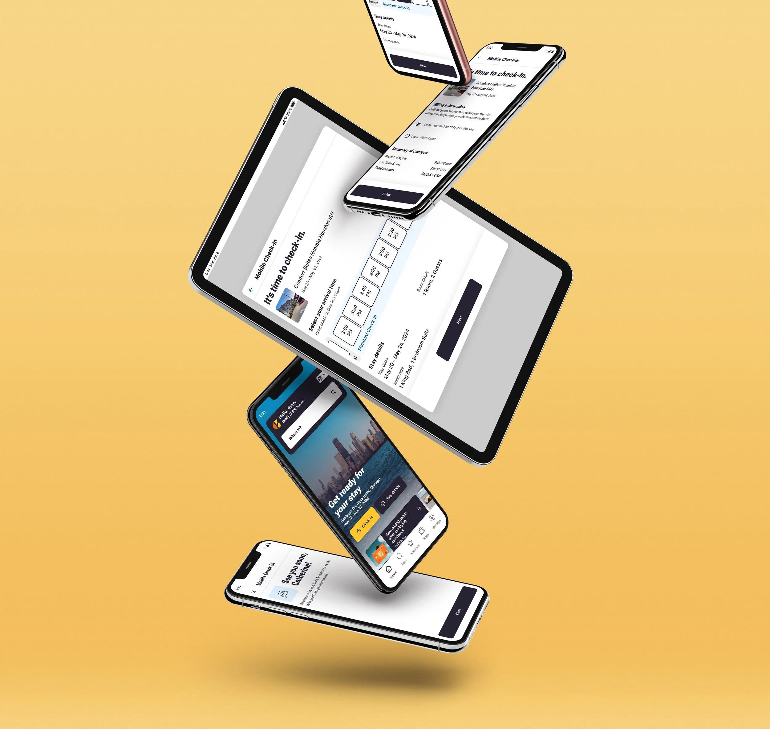 phones and a tablet falling from the sky with screens of mobile check in