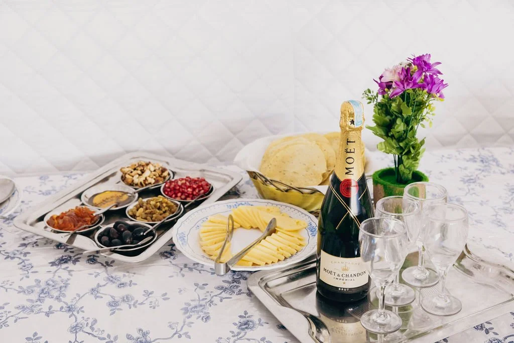 Cheese, Charcuterie and Champagne spread awaits Rugged Luxury guests at Climbing the Seven Summits Everest Base Camp