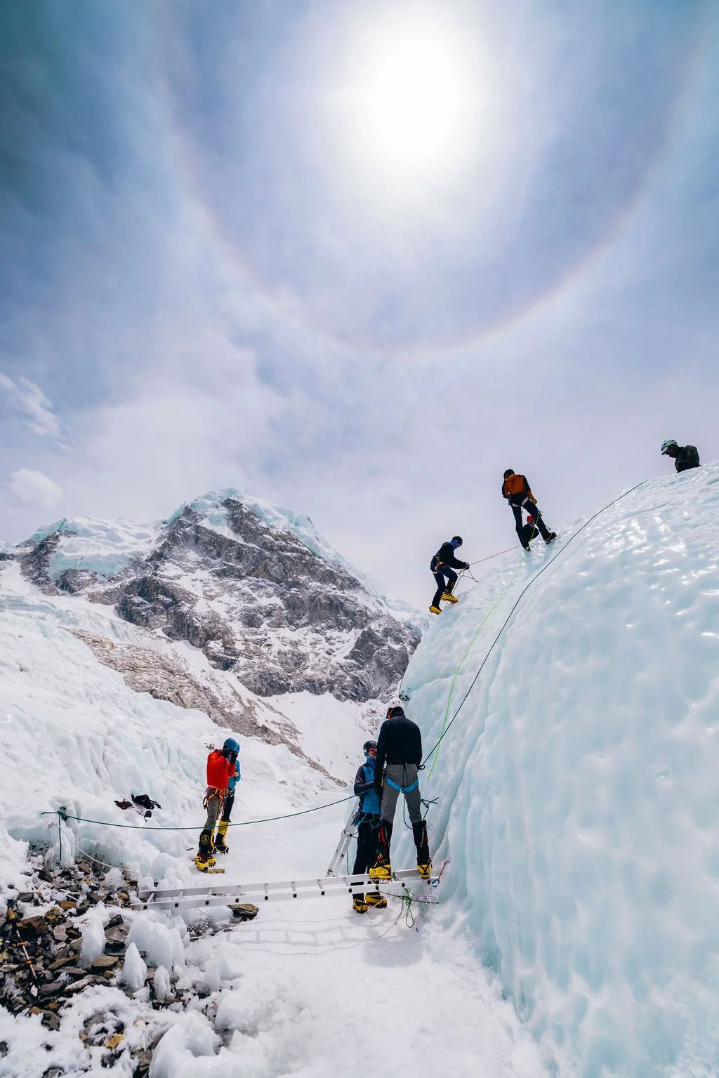 Beginner friendly climbing clinic on the glacier for Rugged Luxury guests at Climbing the Seven Summits Everest Base Camp
