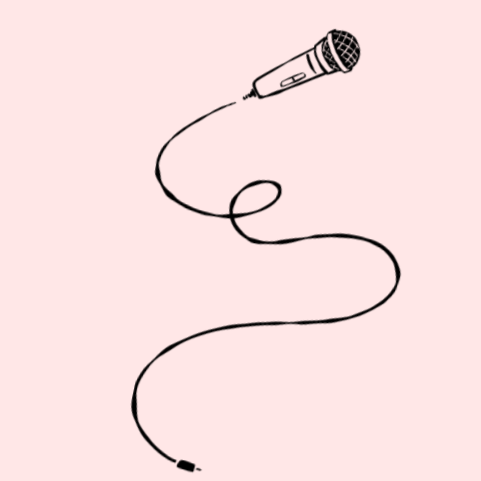 Drawing of a microphone with a cord that loops and twists on a pink background.