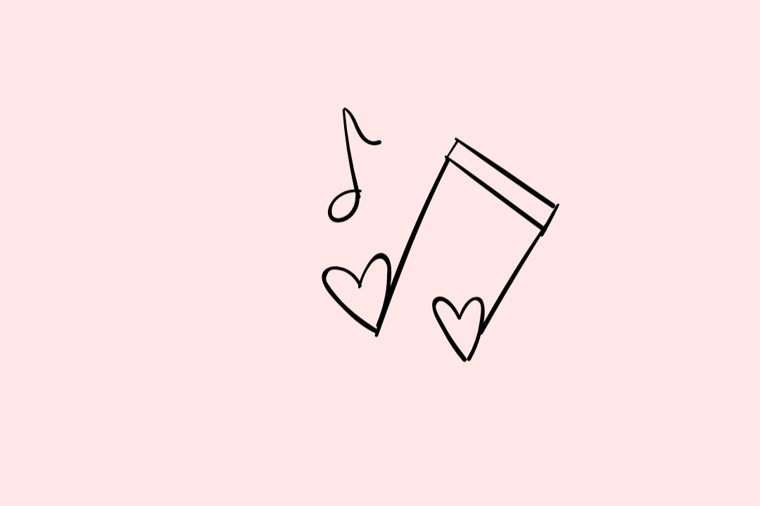 Line drawing of musical notes in the shape of  hearts, on a pink background.