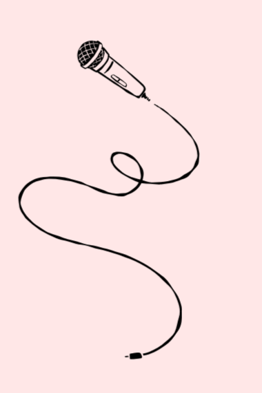A simple line drawing of a microphone with a cord on a pink background.