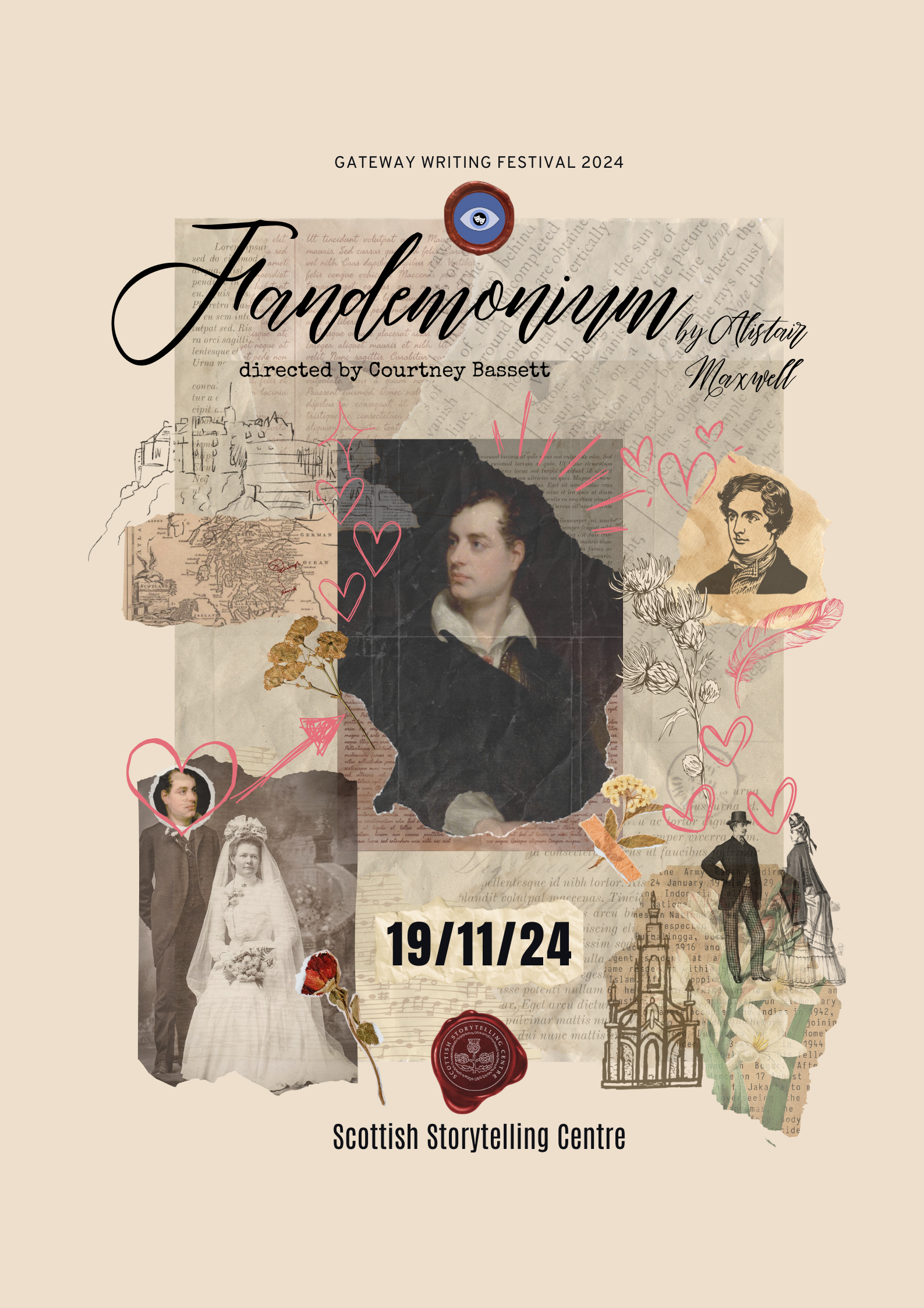 Poster for the Gateway Writing Festival 2024 featuring play titled 'Handemonium' directed by Courtney Bassett, with images of actors, sketches, map, and decorative hearts, feathers, and flowers. The date is 19/11/24 at the Scottish Storytelling Centre.