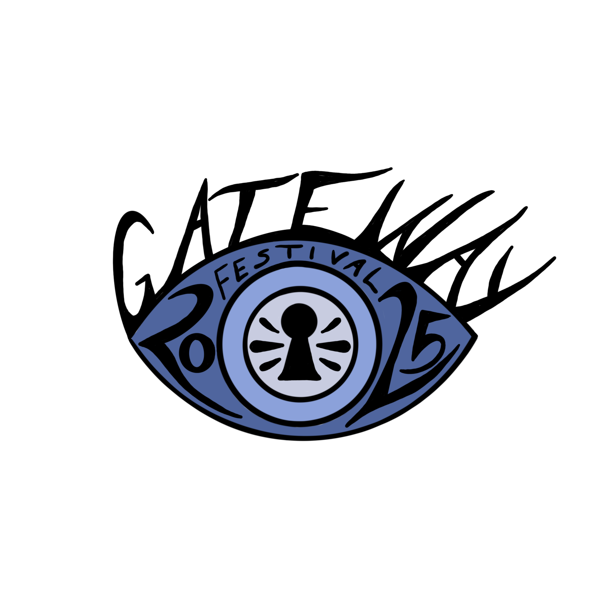 A stylized eye-shaped logo for the 2025 Festival featuring a keyhole in the center, with the words 'Festival 2025' integrated into the eye design, in shades of blue and black.