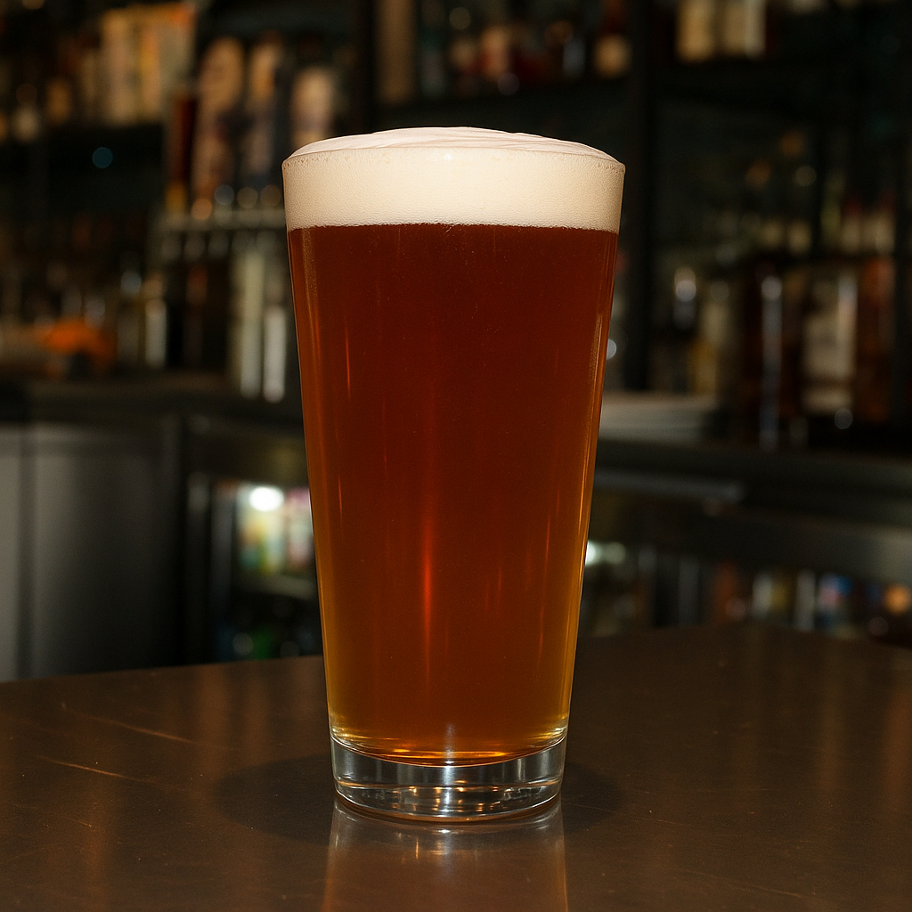 A glass of amber-colored beer with a foamy head on top, placed on a wooden bar counter
